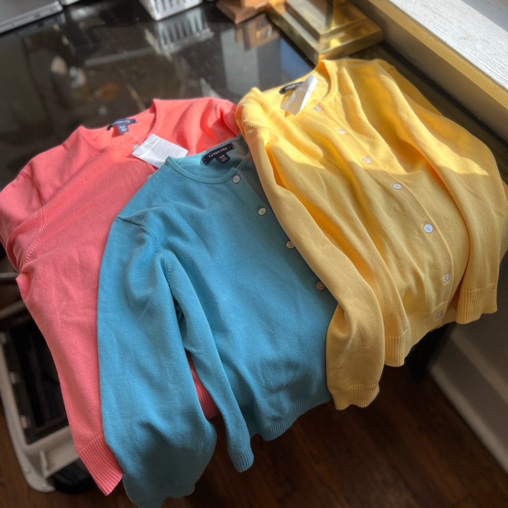 Lands' End Cardigan Set in Coral, Aqua & Yellow - Picture 2 of 3